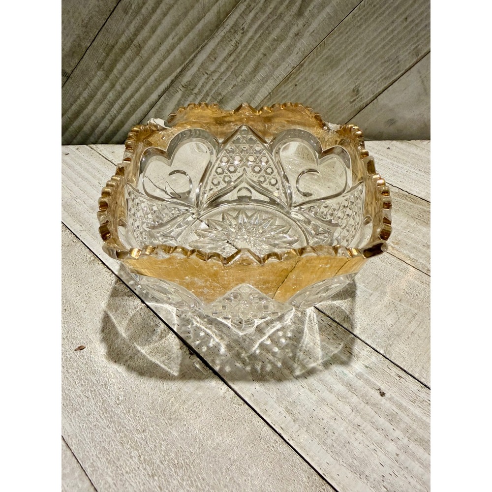 Vintage Pressed Glass Heart Diamond Pattern Candy Dish Gold Trim Scalloped Rim
